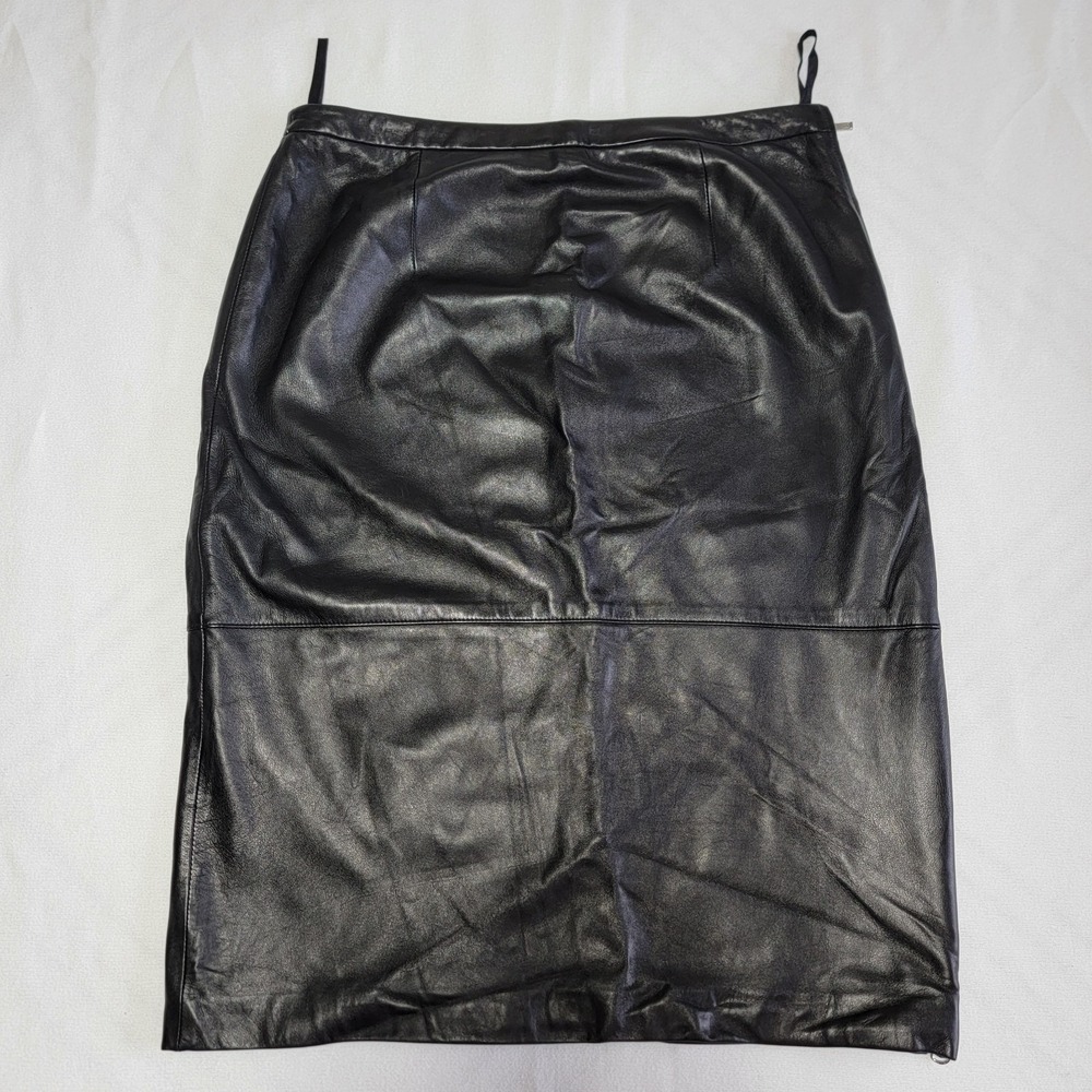 VTG 90s Halogen Black Leather Skirt Women 14 Minimalist Office Biker Chic Gothic